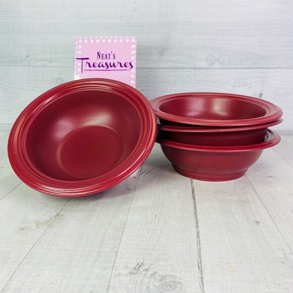 Pfaltzgraff TERRACE RASPBERRY  Embossed Rings Stoneware Soup Cereal Bowls Set 4 - Picture 1 of 10